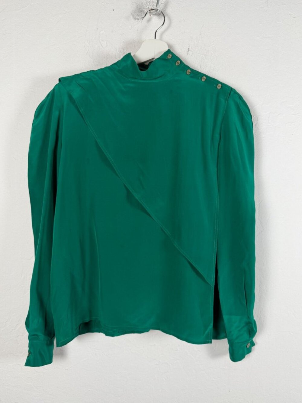 Vintage Brett Lauren Green Silk Blouse High Neck Button Shoulder Puff Sleeve 10